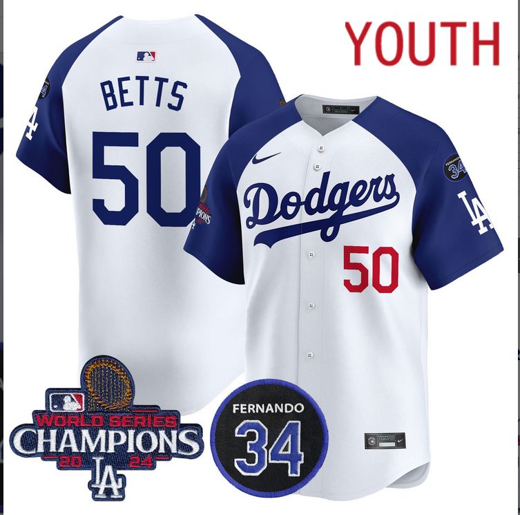 Youth MLB Los Angeles Dodgers 50 Betts white 2024 World Series Champions Patch Limited Jersey style 2
